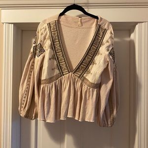 Free People Cream Embroidered V-Neck Blouse